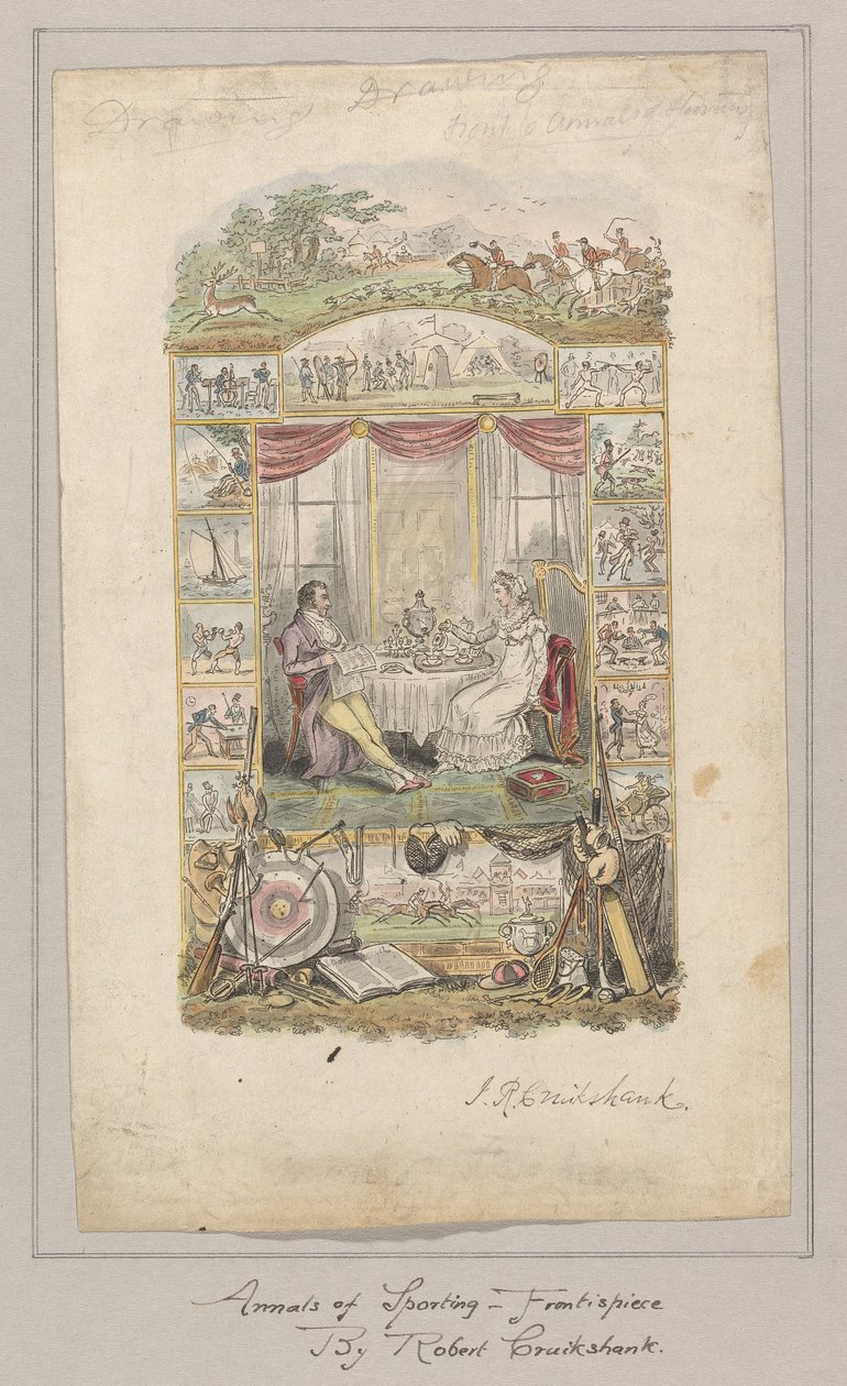 Diseño para la portada de los Anales de la Gaceta Deportiva y de Fantasía, Volumen 1 de Robert Isaac Cruikshank