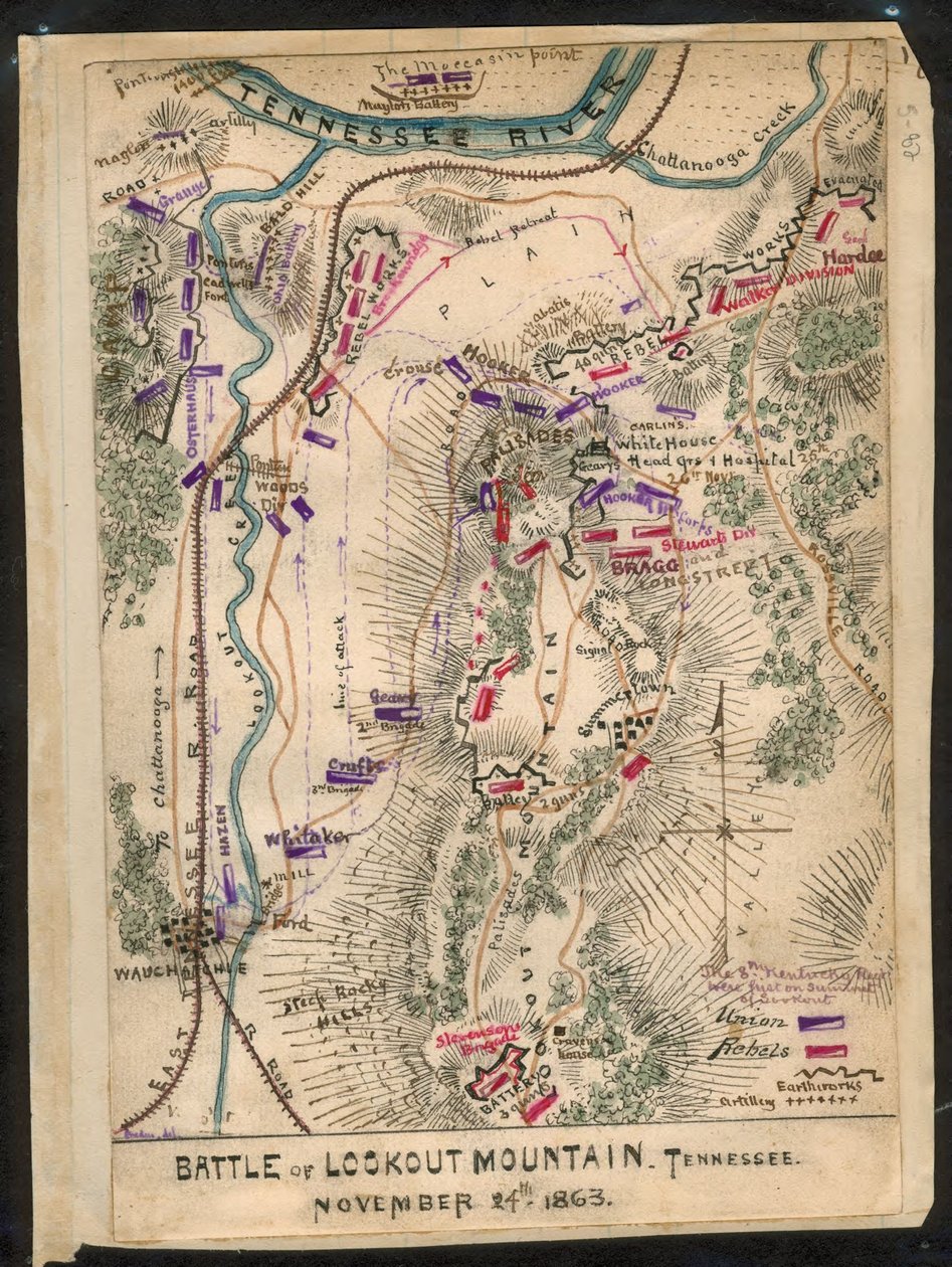 Batalla de Lookout Mountain, Tennessee 24 de noviembre de 1863. LOC gvhs01.vhs00173 de Robert Knox Sneden