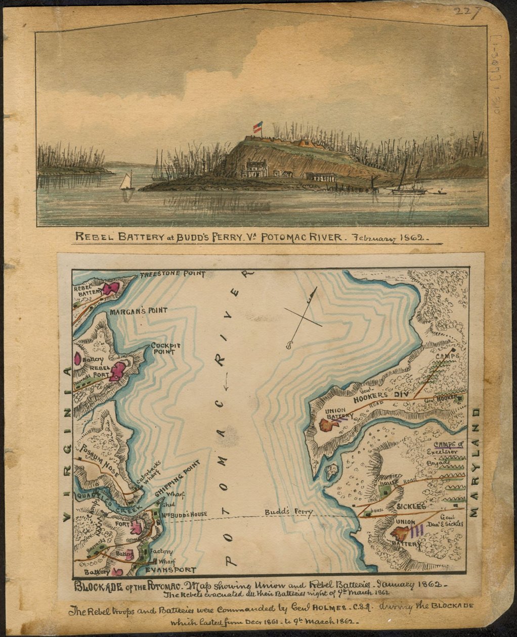 Bloqueo del Potomac. Mapa que muestra las baterías de la Unión y de los Rebeldes en enero de 1862. Los Rebeldes evacuaron todas sus baterías la noche del 4 de marzo de 1862. LOC gvhs01.vhs00066 de Robert Knox Sneden
