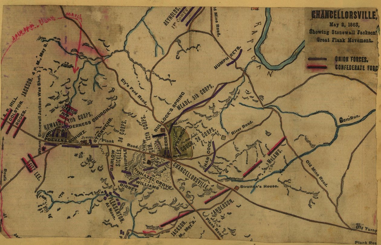 Chancellorsville, 2 de mayo de 1863, mostrando el gran movimiento de flanco de Stonewall Jackson LOC gvhs01.vhs00287 de Robert Knox Sneden