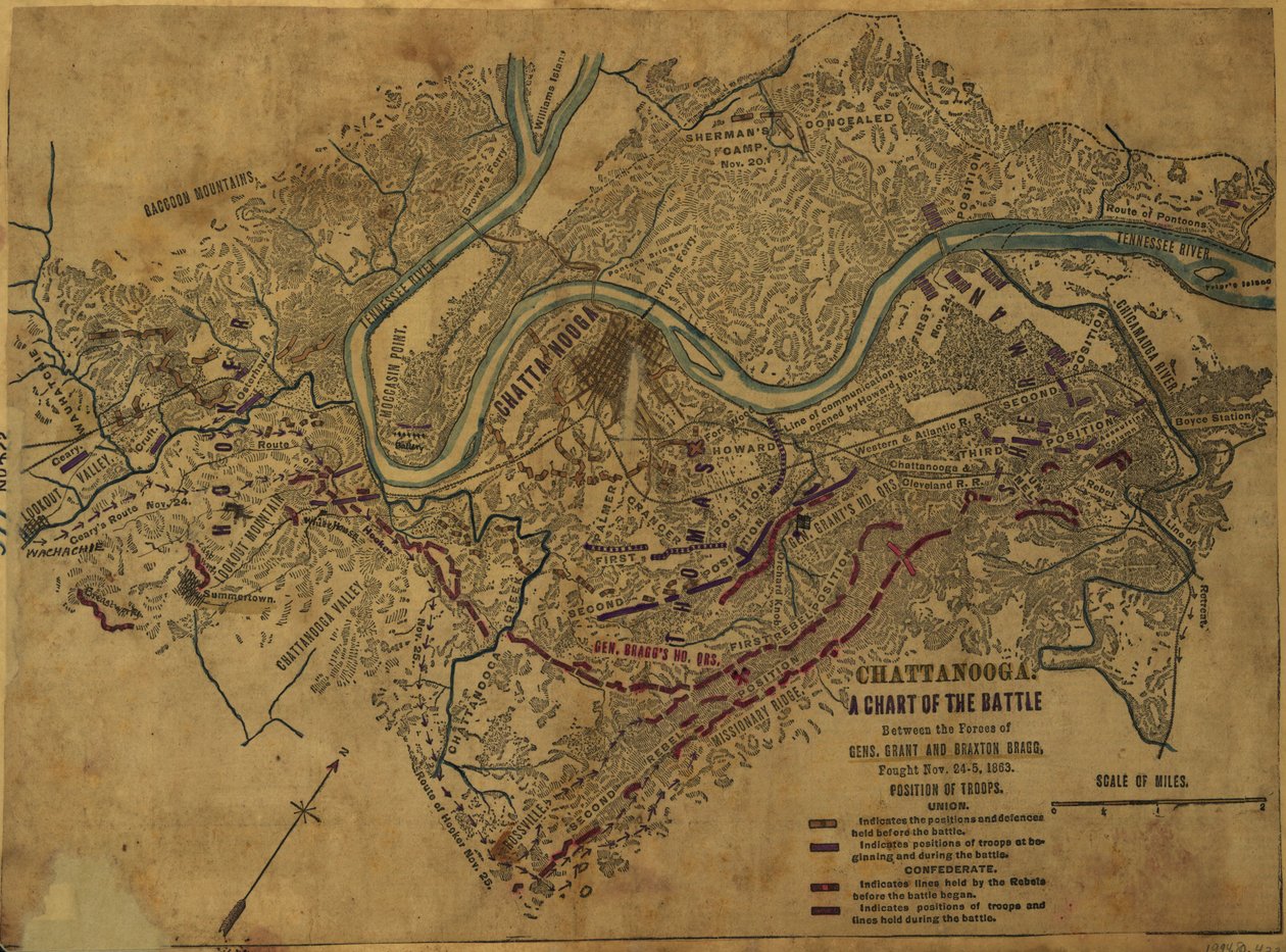 Chattanooga Un gráfico de la batalla entre las fuerzas de Gens. Grant y Braxton Bragg, librada del 24 al 5 de noviembre de 1863. LOC gvhs01.vhs00275 de Robert Knox Sneden