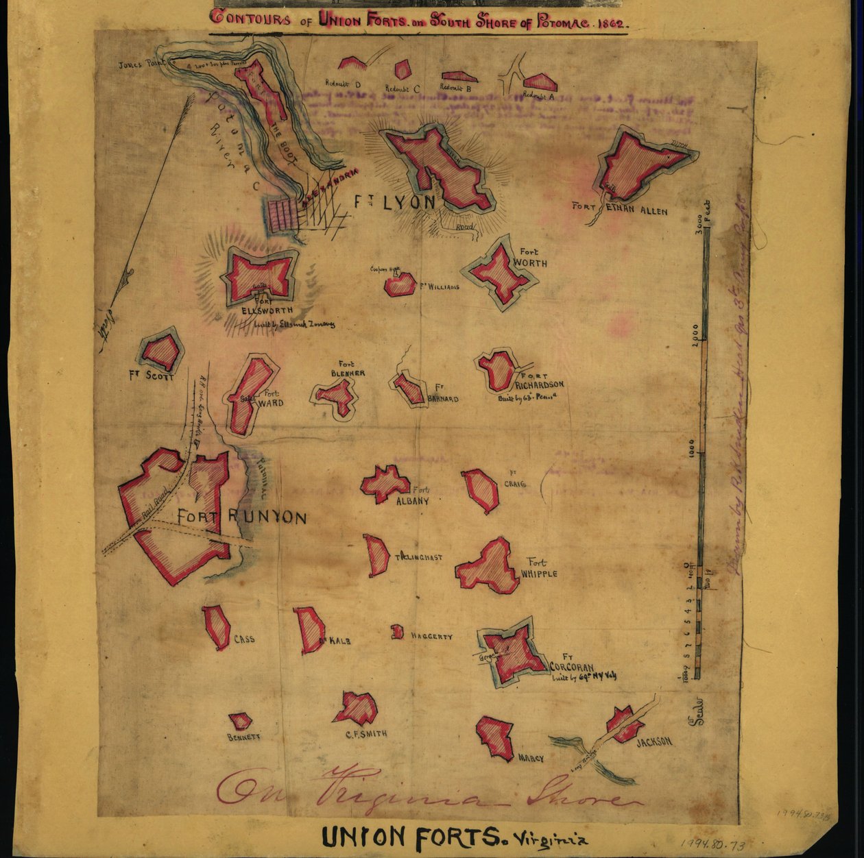 Contornos de los fuertes de la Unión en el lado sur del Potomac, 1862 (mapa). LOC gvhs01.vhs00242 de Robert Knox Sneden
