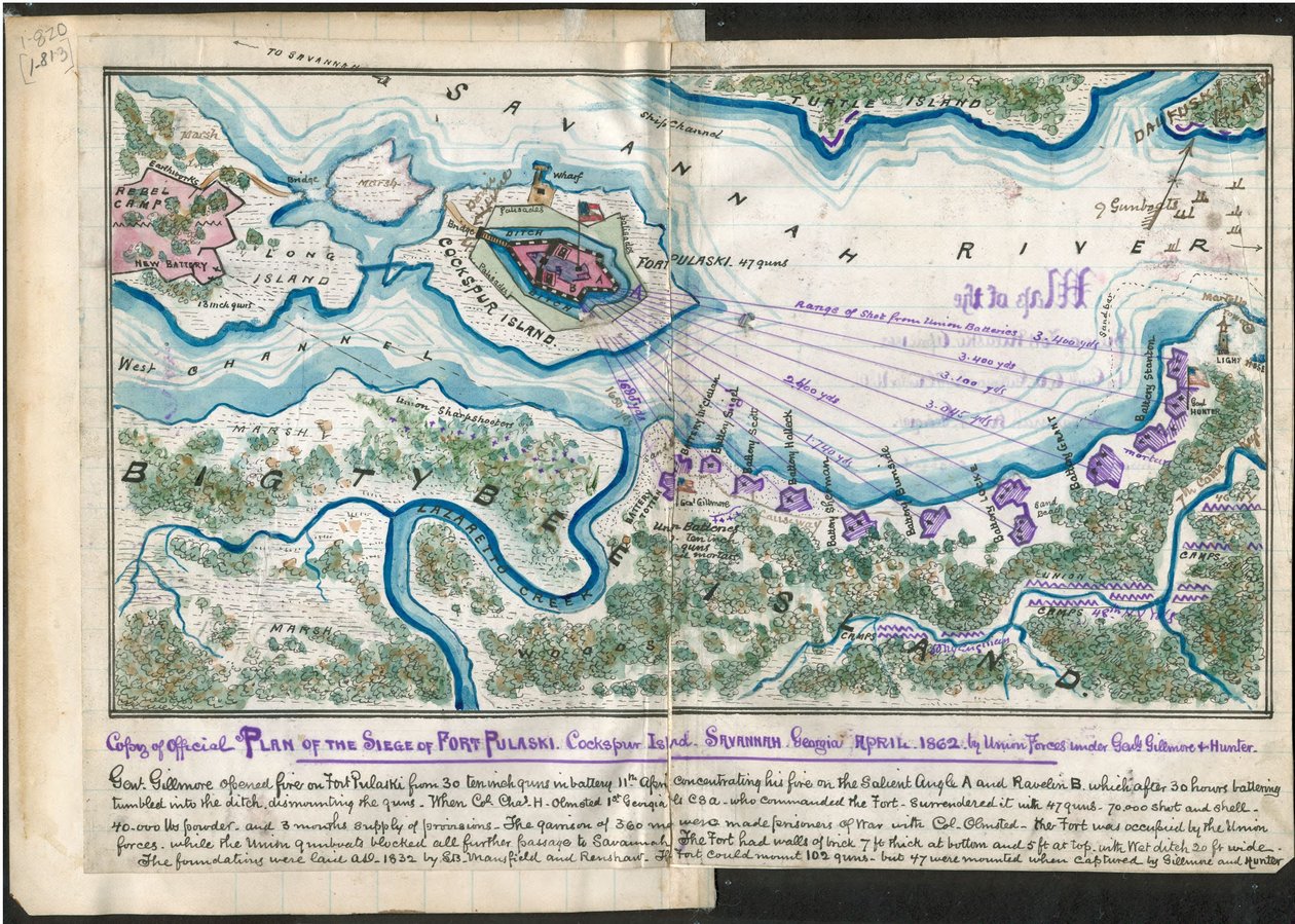 Copia del plano oficial del sitio de Fort Pulaski. Isla Cockspur. Savannah Georgia Abril 1862 - por fuerzas de la Unión bajo Genl Gillmore y Hunter. LOC gvhs01.vhs00084 de Robert Knox Sneden