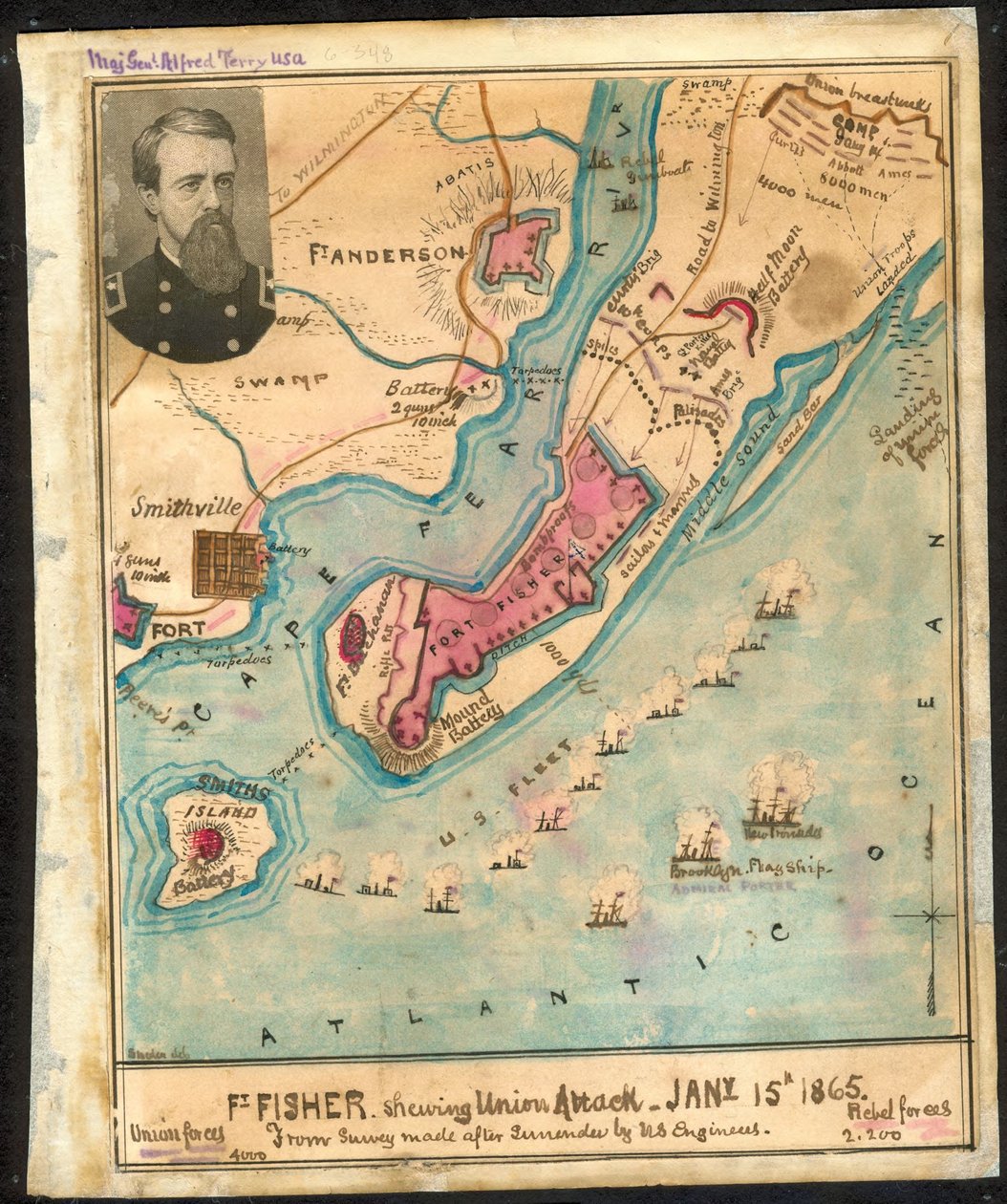 Ft. Fisher shewing (sic) Union attack, Jany 15th 1865 De la encuesta realizada después de la rendición por los ingenieros de EE.UU.. LOC gvhs01.vhs00185 de Robert Knox Sneden