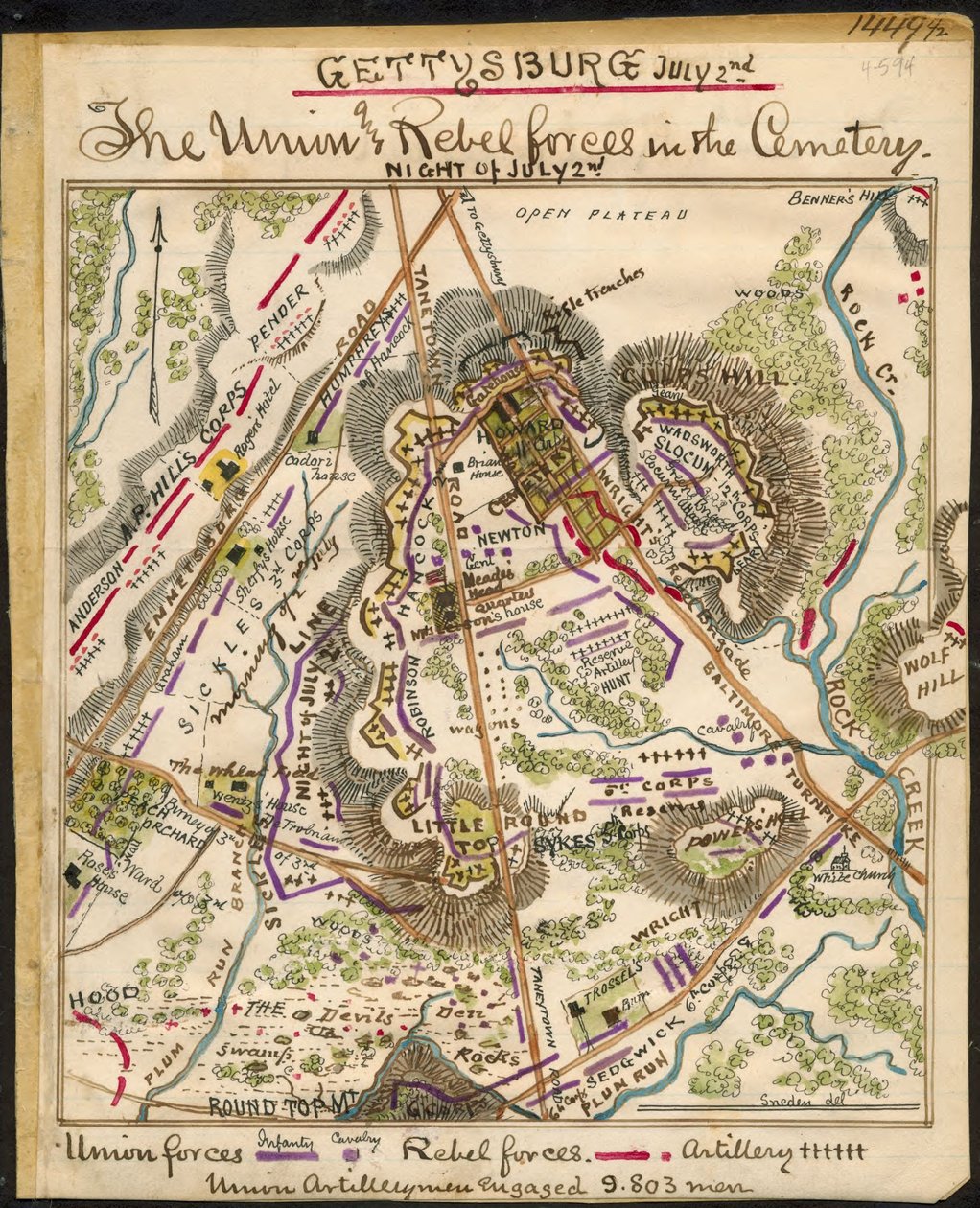 Gettysburg 2 de julio Las fuerzas de la Unión y Rebeldes en el cementerio. LOC gvhs01.vhs00148 de Robert Knox Sneden