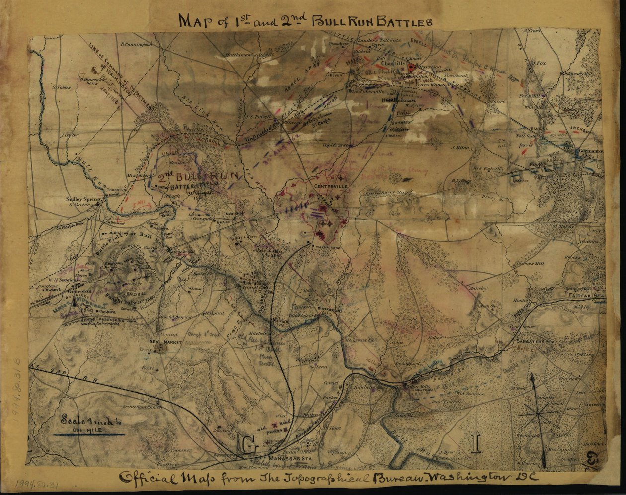 Mapa de la 1ª y 2ª batallas de Bull Run. Mapa oficial de la Oficina Topográfica, Washington, D.C. LOC gvhs01.vhs00239 de Robert Knox Sneden