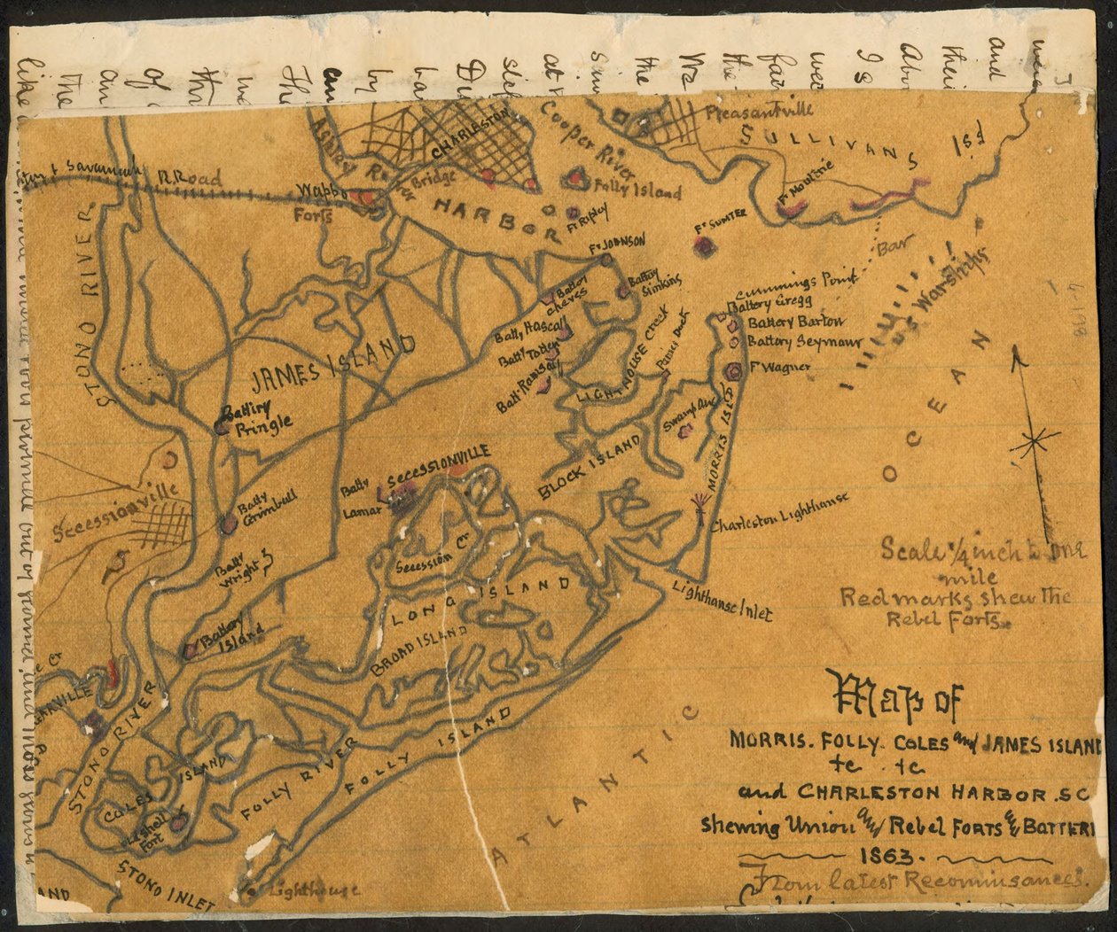Mapa de Morris, Folly, Coles y James Island(s) etc., y Charleston Harbor S.C. mostrando (sic) fuertes y baterías de la Unión y Rebeldes, 1864. LOC gvhs01.vhs00184 de Robert Knox Sneden