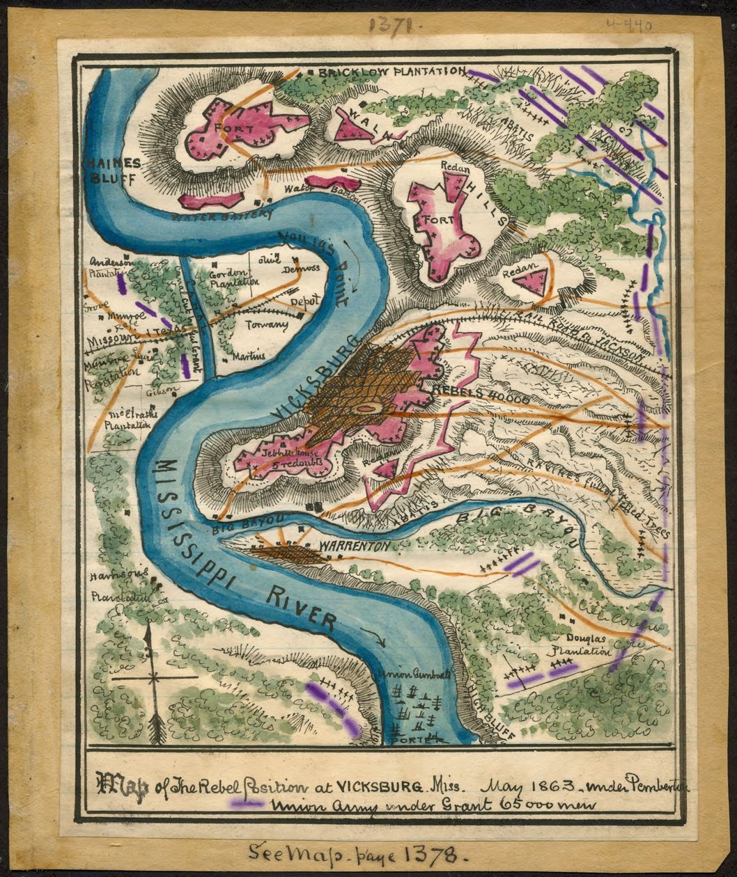 Mapa de la posición rebelde en Vicksburg, Mississippi, mayo de 1863. LOC gvhs01.vhs00140 de Robert Knox Sneden