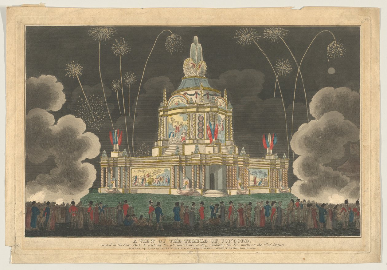 Vista del Templo de la Concordia Erecto en el Parque Verde, para Celebrar el G..., 9 de septiembre de 1814 de Robert Laurie