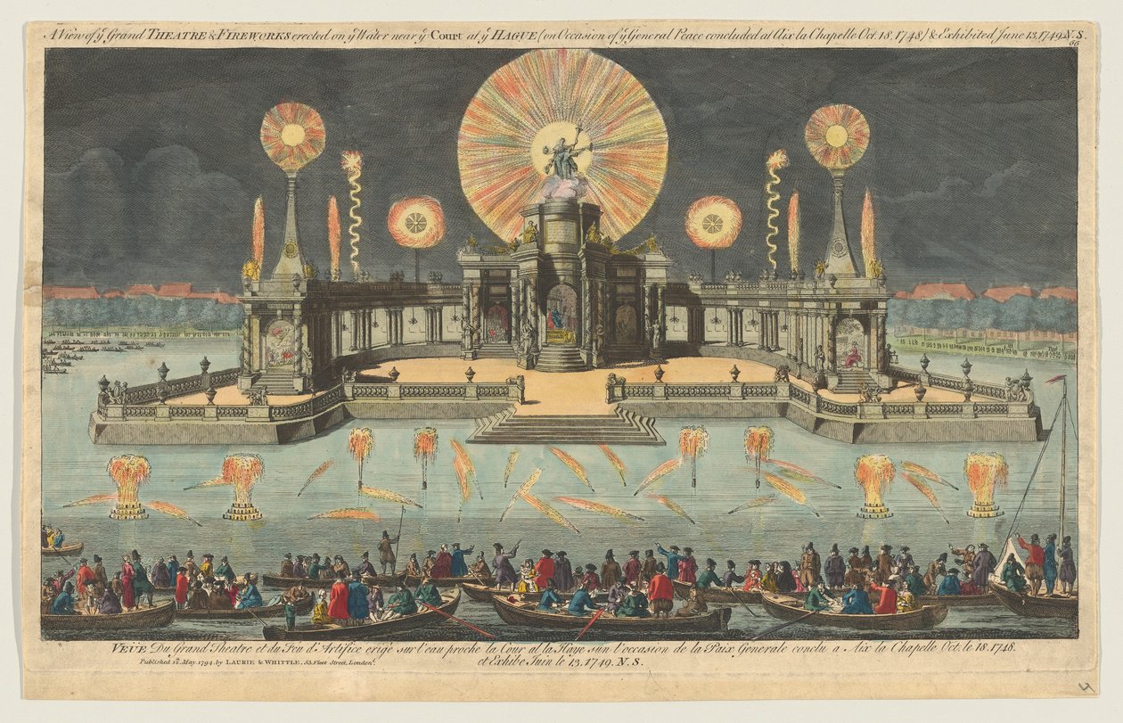 Vista del Gran Teatro y fuegos artificiales erigidos en el agua cerca de la corte en La Haya, 1794 de Robert Laurie