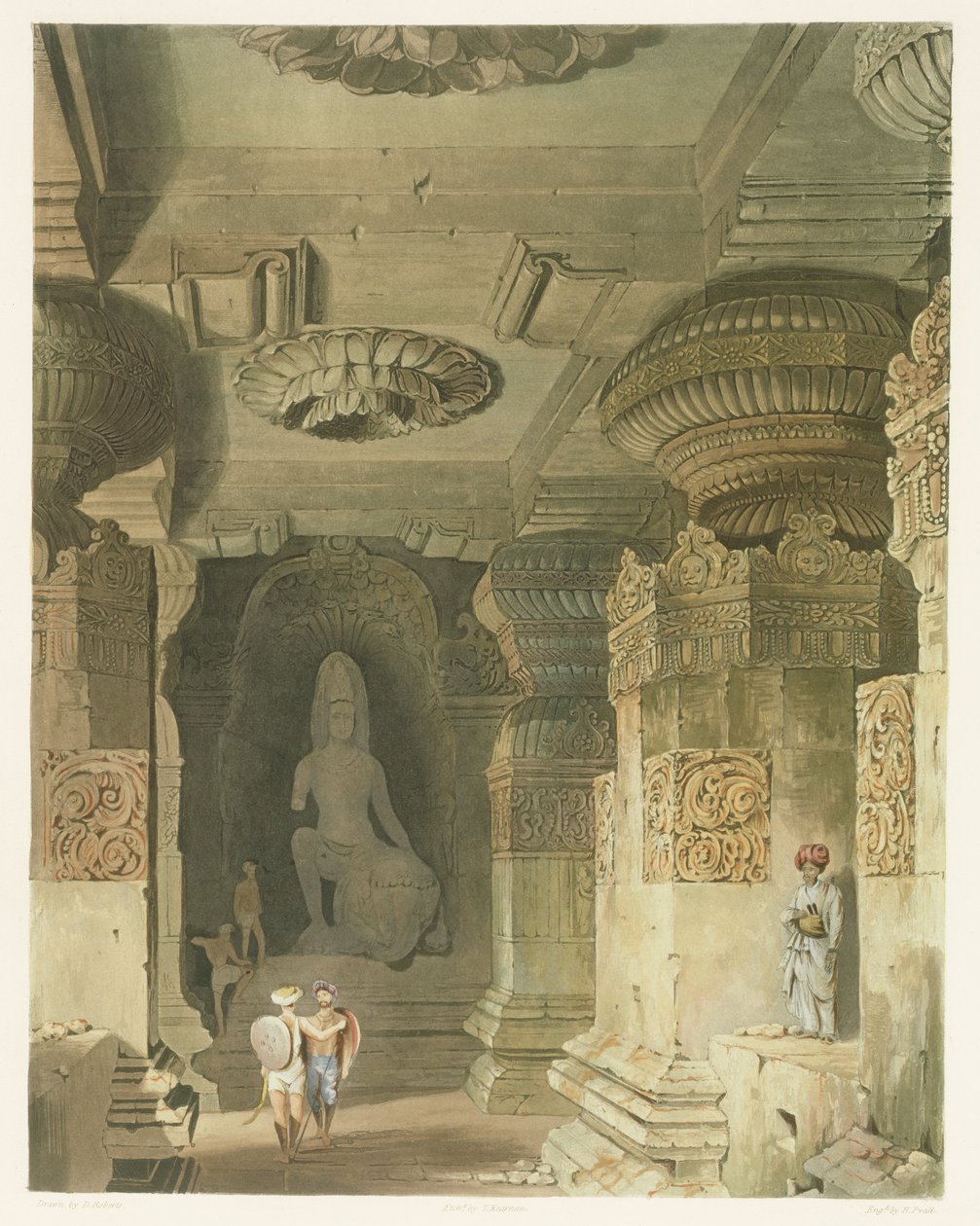 Interior del Templo de la Cueva de Indra Subba en Ellora, del Volumen II de Escenarios, Trajes y Arquitectura de la India, dibujado por David Roberts, grabado por Thomas Kearnan de Robert Melville Grindlay