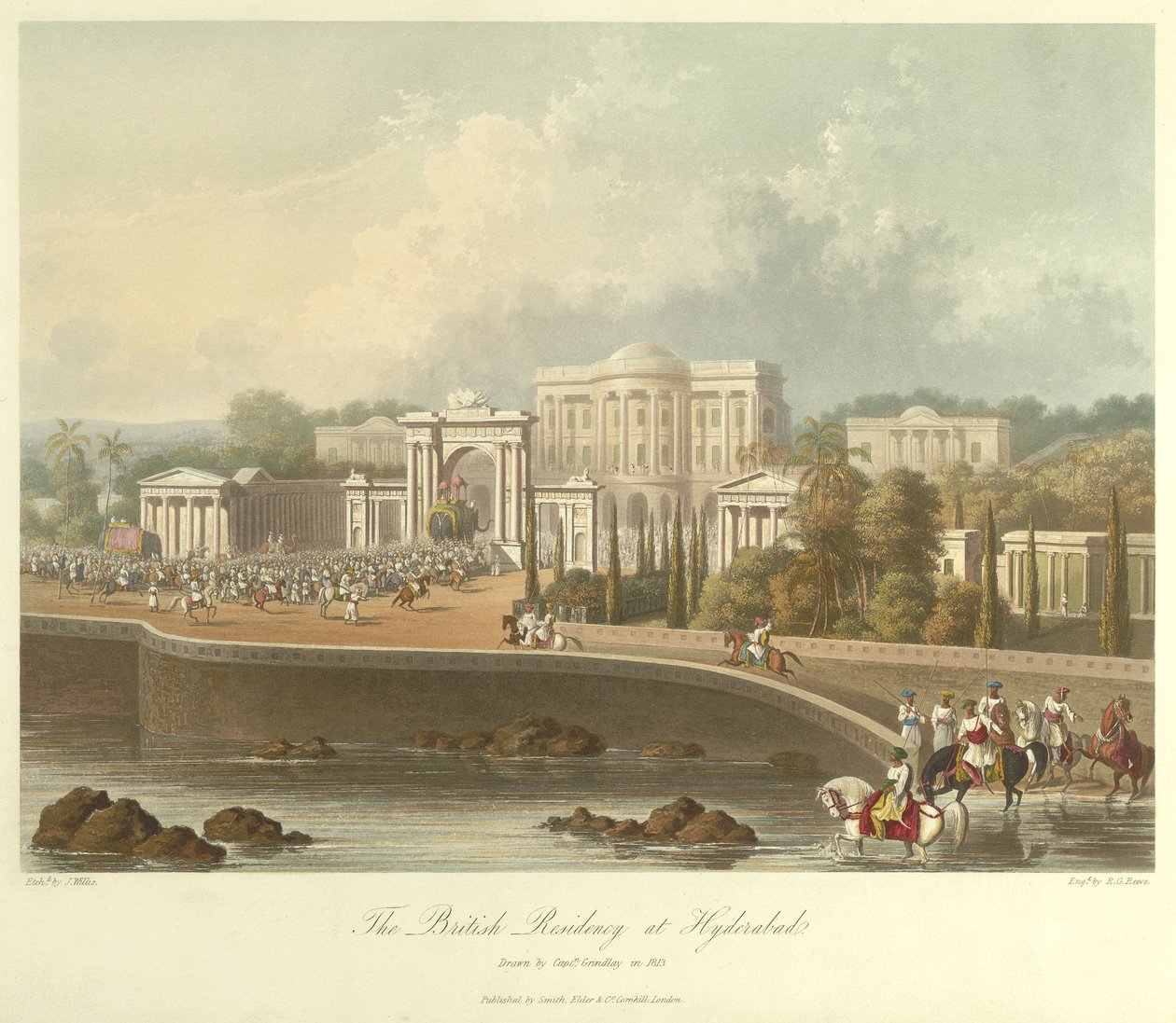 La residencia británica en Hyderabad, dibujada en 1813 de Robert Melville Grindlay