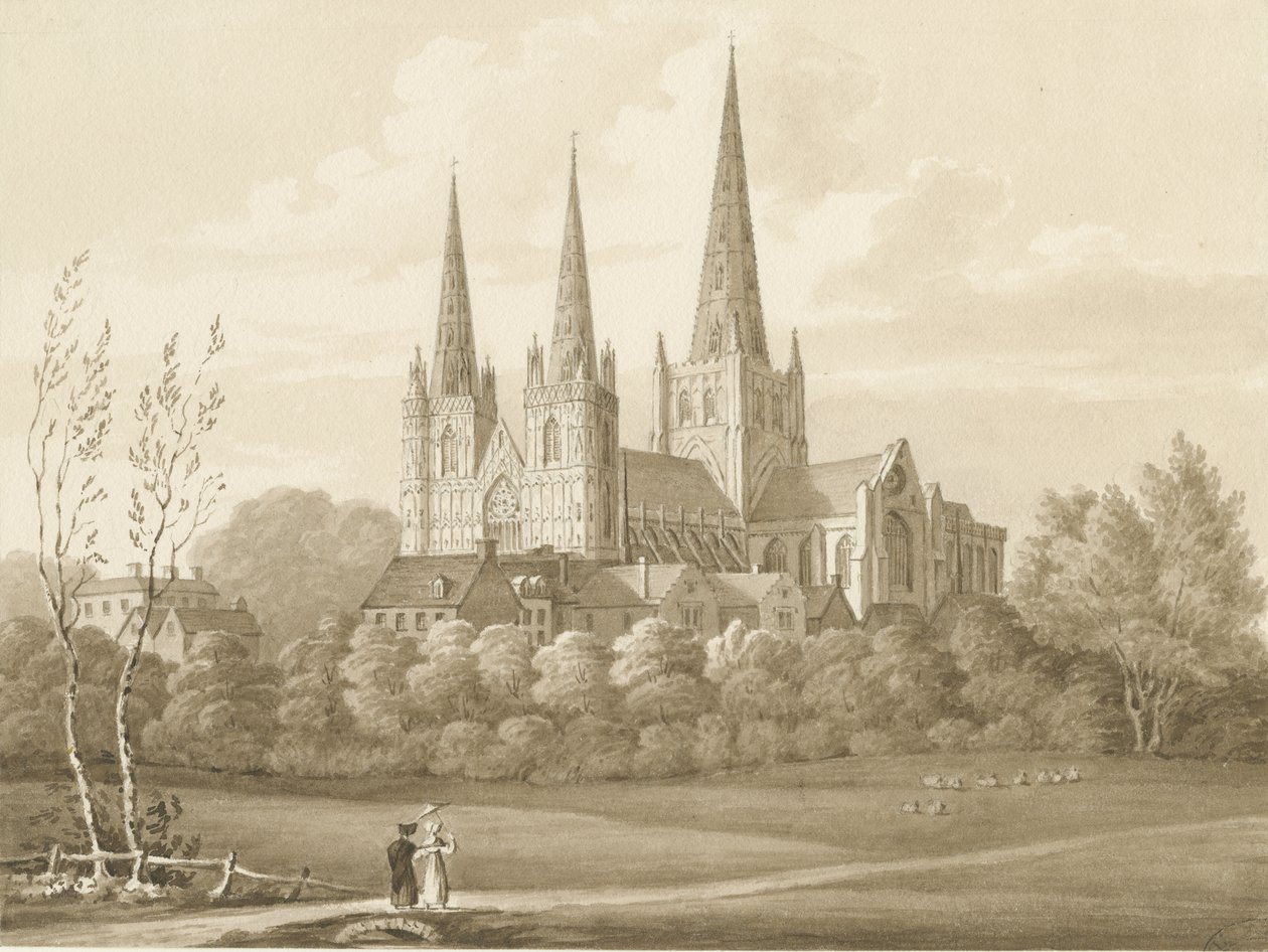 Catedral de Lichfield - Vista oeste suroeste: dibujo en sepia de Robert Noyes