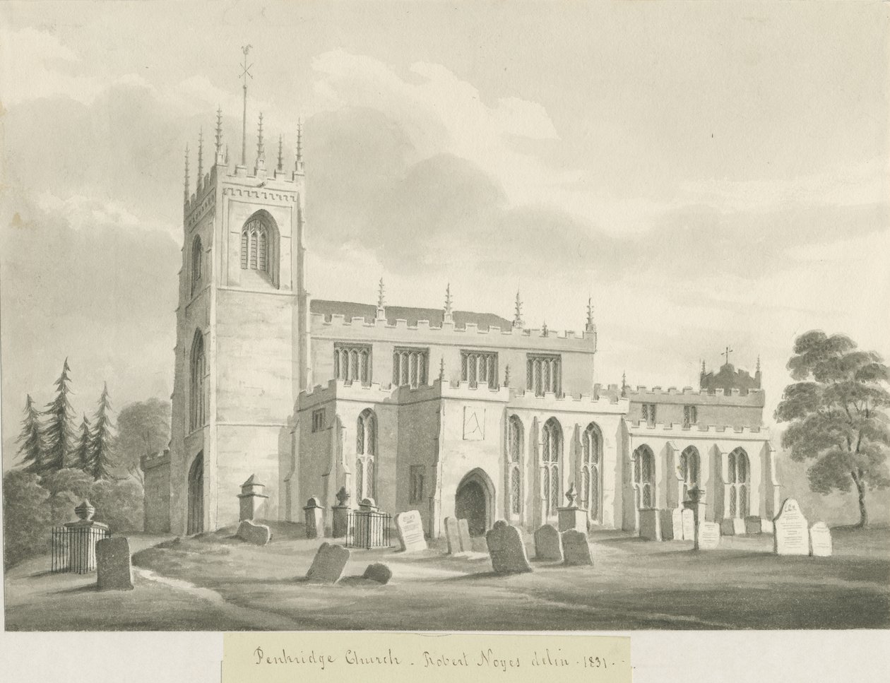 Iglesia de Penkridge: dibujo en sepia, 1831 de Robert Noyes