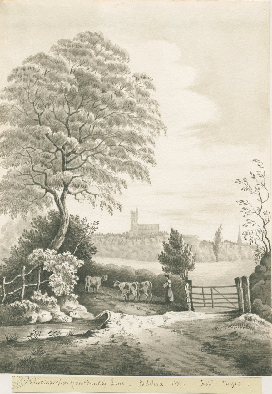 Wolverhampton - Vista distante desde Dunstall Lane: dibujo en sepia, 1837 de Robert Noyes