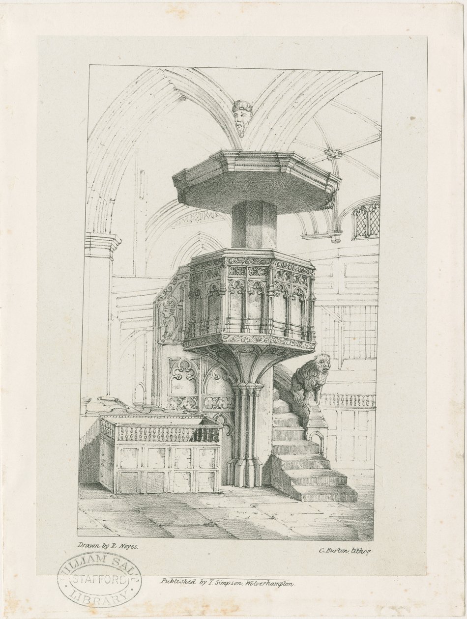 Wolverhampton - Púlpito en la Iglesia de San Pedro: litografía, nd [c 1844] de Robert Noyes