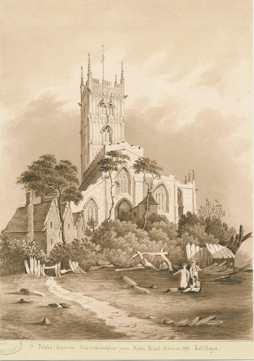 Wolverhampton - Iglesia de San Pedro: dibujo en sepia, 1838 de Robert Noyes