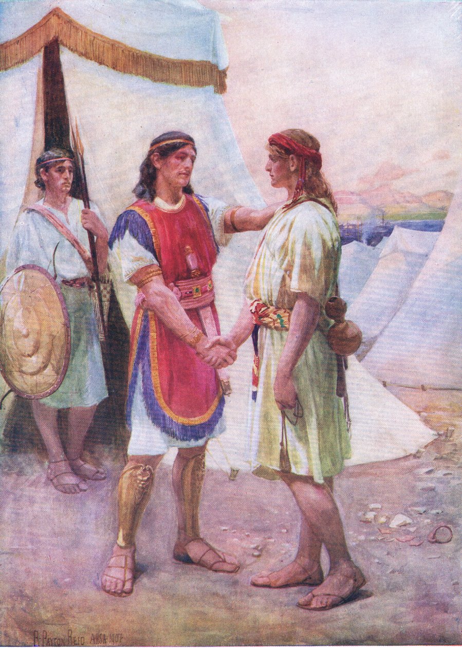 David y Jonatán, del Libro de imágenes de la Biblia publicado por Thomas Nelson, c.1950 de Robert Payton Reid