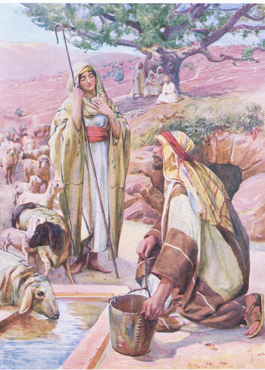 Raquel en el pozo, del Libro de Imágenes de la Biblia publicado por Thomas Nelson, c.1950 de Robert Payton Reid