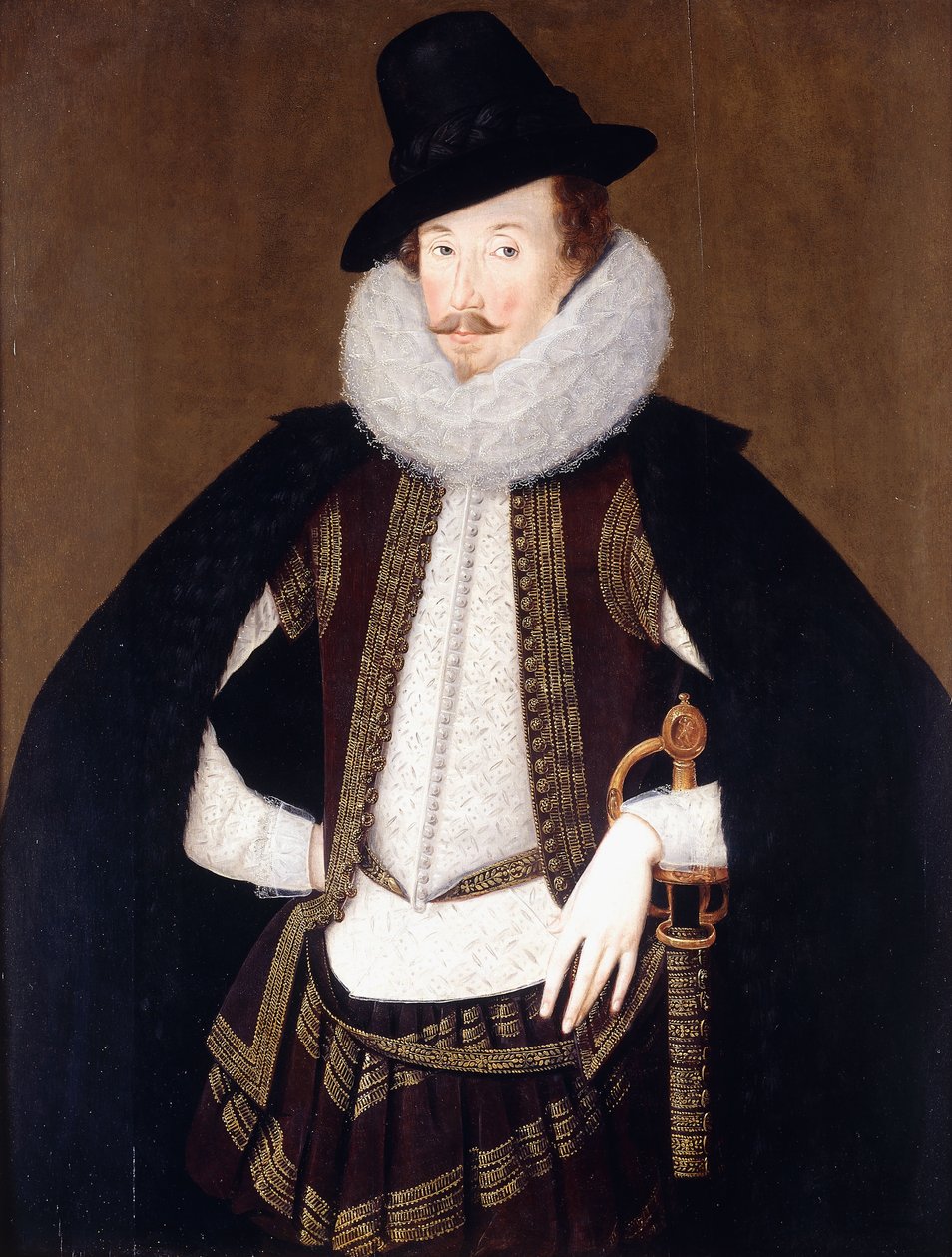 Retrato de Sir Charles Cornwallis, con una capa negra con ribete de piel, jubón blanco y chaleco bordado en oro marrón de Robert Peake