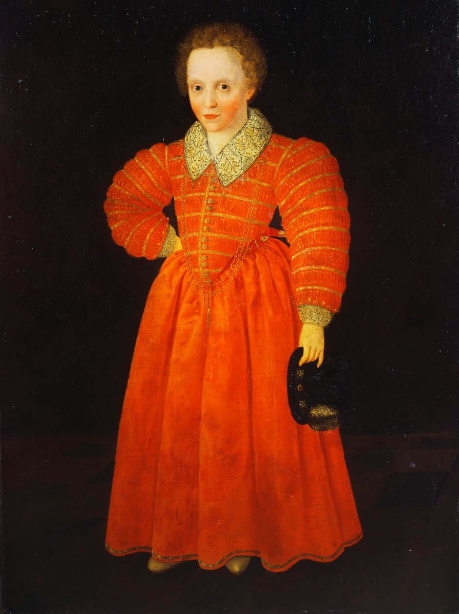Retrato de un niño pequeño, de pie a cuerpo entero con un vestido rojo y un cuello de encaje blanco, sosteniendo un sombrero negro de Robert Peake
