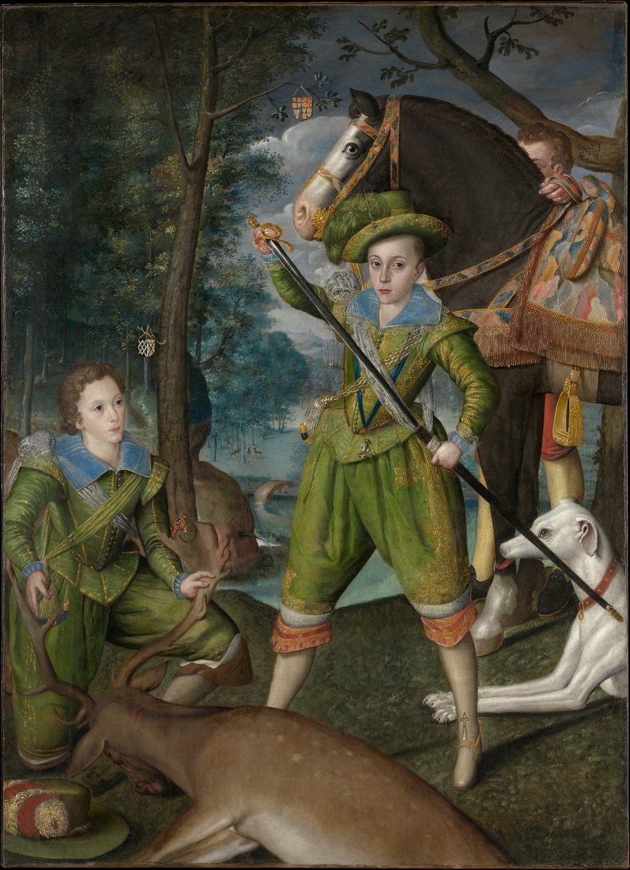 Enrique Federico (1594–1612), Príncipe de Gales, con Sir John Harington (1592–1614), en el campo de caza de Robert Peake the elder