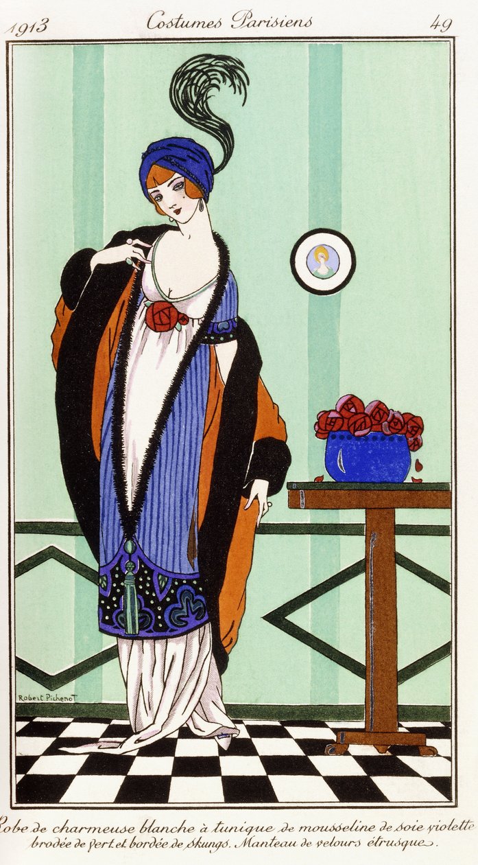 Ropa parisina: Bata de charmeuse blanca con túnica de seda bordada en violeta de Robert Pichenot
