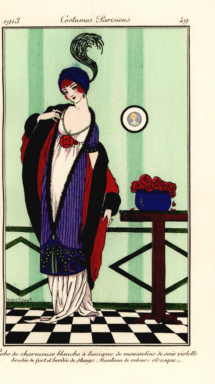 Mujer con vestido de satén charmeuse blanco con túnica de gasa violeta adornada con piel de zorrillo, capa de terciopelo etrusco de Robert Pichenot