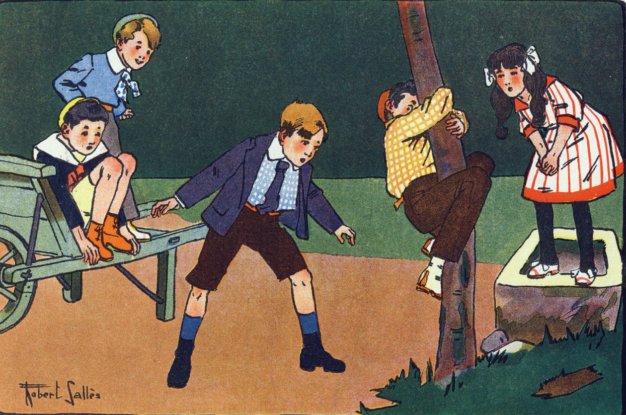 Un gato en el perchero. Grabado en "¿A qué jugamos?" por E. Weber con dibujos acuarelados de Robert Salles (1871-1929). Librería Garnier Frères, París de Robert Salles