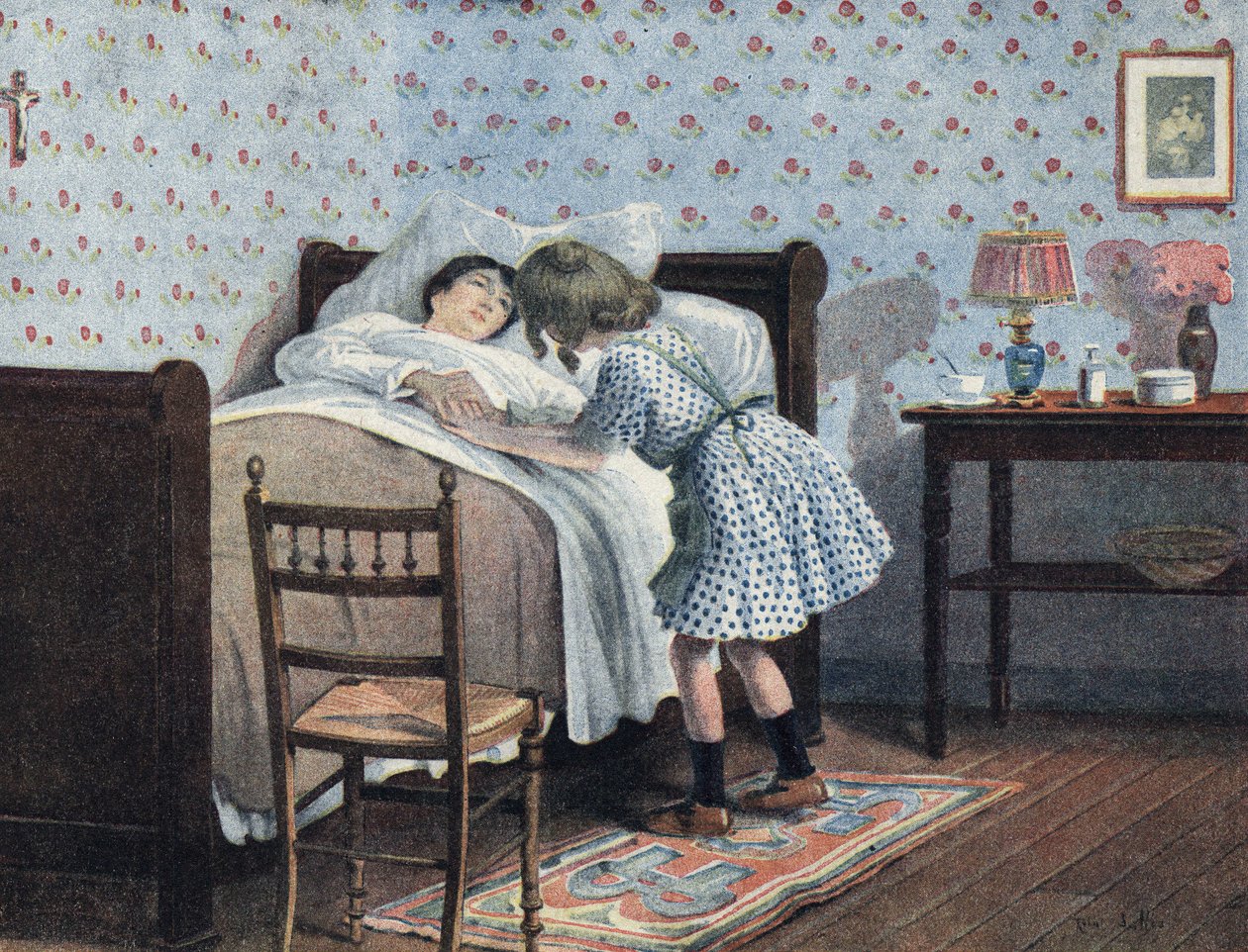 Una niña al lado de la cama de su madre enferma espera su guerra. Ilustración de Robert Salles (1871-1929) en “Yo sé leer” de Robert Salles