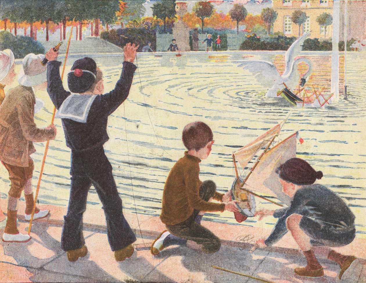 Un cisne hunde el yate de juguete de un niño (litografía en color) de Robert Salles