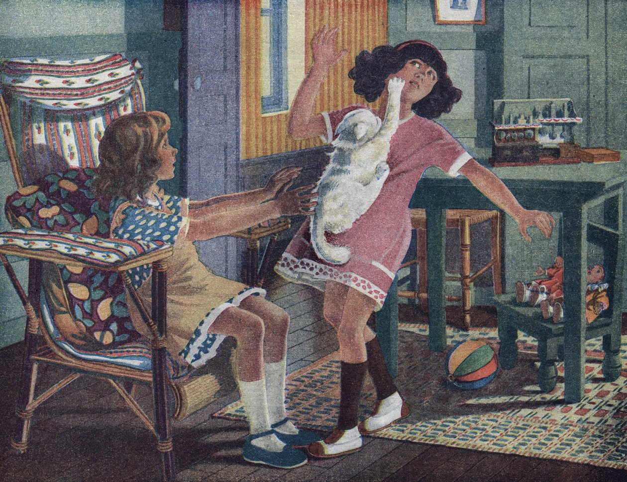 El gatito de Annette: un gato blanco araña la cara de una niña que juega con su amiga. Ilustración de Robert Salles (1871-1929) en “Yo sé Leer”. de Robert Salles