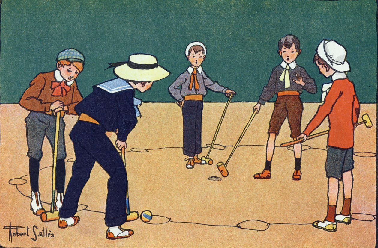Bola por horas (juego de habilidad con bolas y mazos). Grabado en "¿A qué jugamos?" de E. Weber con dibujos acuarelados de Robert Salles (1871-1929). Librería Garnier Freres, París. de Robert Salles