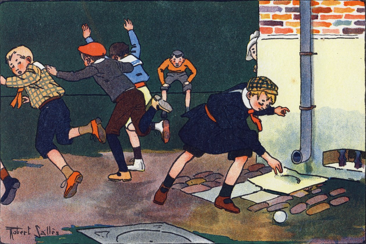 Bala a la pared. Grabado en "¿A qué jugamos?" por E. Weber con dibujos en acuarela de Robert Salles (1871-1929). Librairie Garnier Freres, París de Robert Salles
