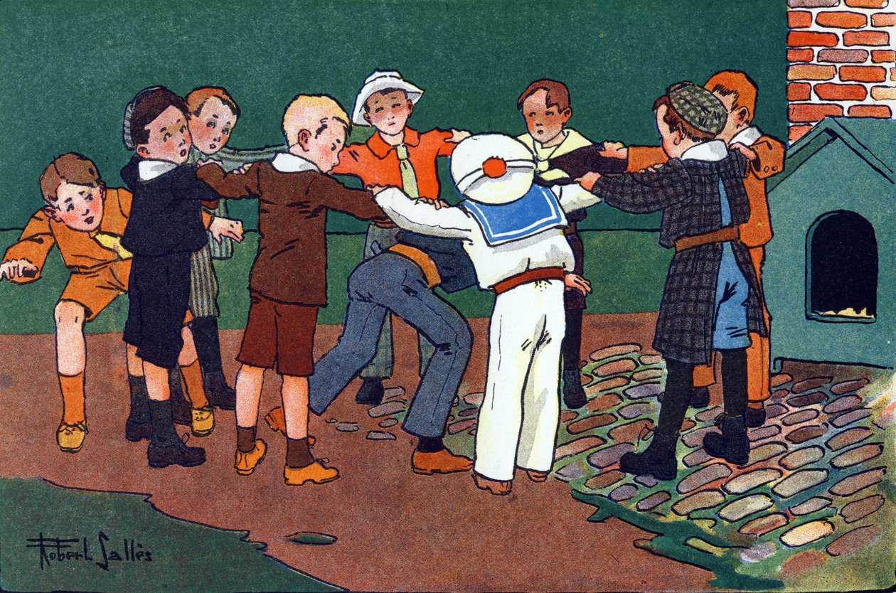 Gato y ratón. Grabado en "¿A qué jugamos?" de E. Weber con dibujos acuarelados de Robert Salles (1871-1929). Librería Garnier Freres, París. de Robert Salles