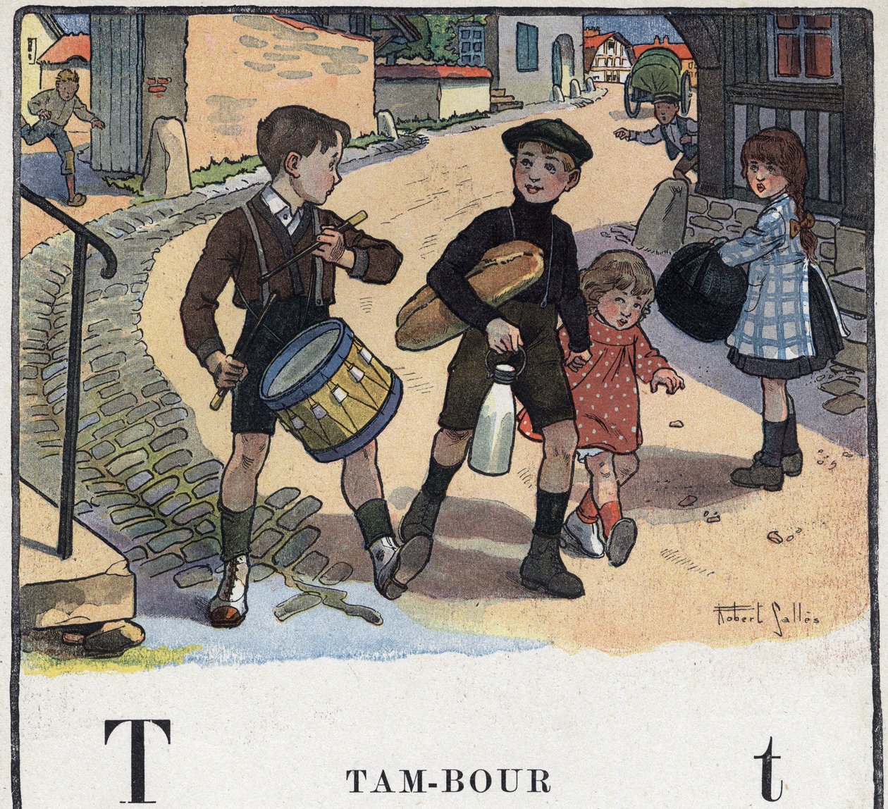 Libro infantil “Yo leeré - Alfabeto metódico y divertido por un papá” 1926. Ilustración de Robert Salles (1871-1929). Abecedario: letra T como Tambor de Robert Salles