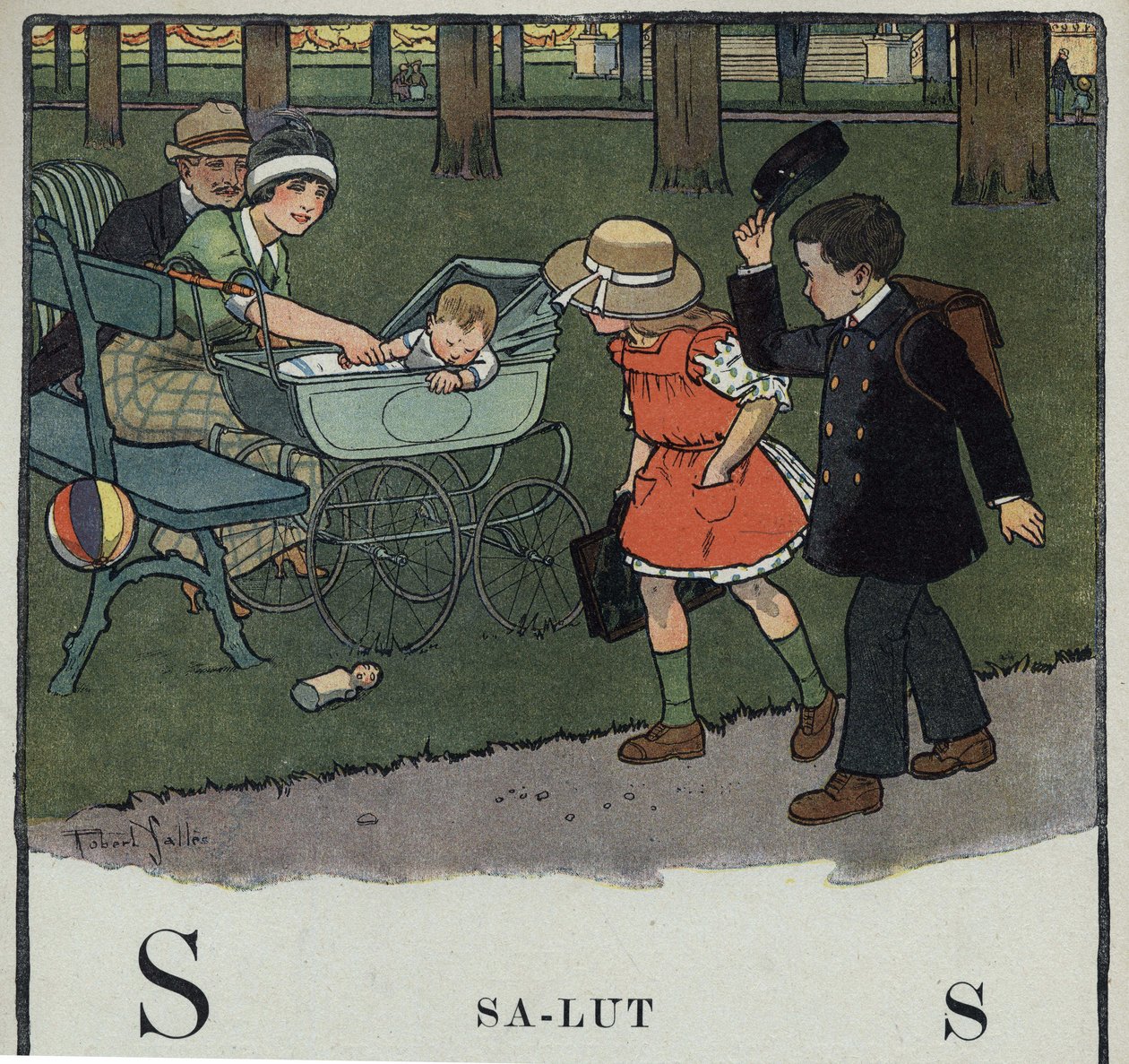 Libro infantil “Yo leeré - Alfabeto metódico y divertido por un papá” 1926. Ilustración de Robert Salles (1871-1929). Abecedario: letra S como Saludo. Un niño saluda a una pareja y su bebé levantando su gorra de Robert Salles