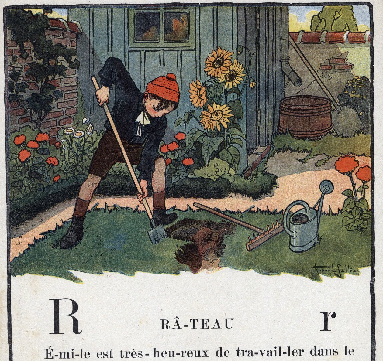 Libro infantil “Yo leeré - Alfabeto metódico y divertido por un papá” 1926. Ilustración de Robert Salles (1871-1929). Abecedario: letra R como Rastrillo. Un niño en el jardín de su casa de Robert Salles