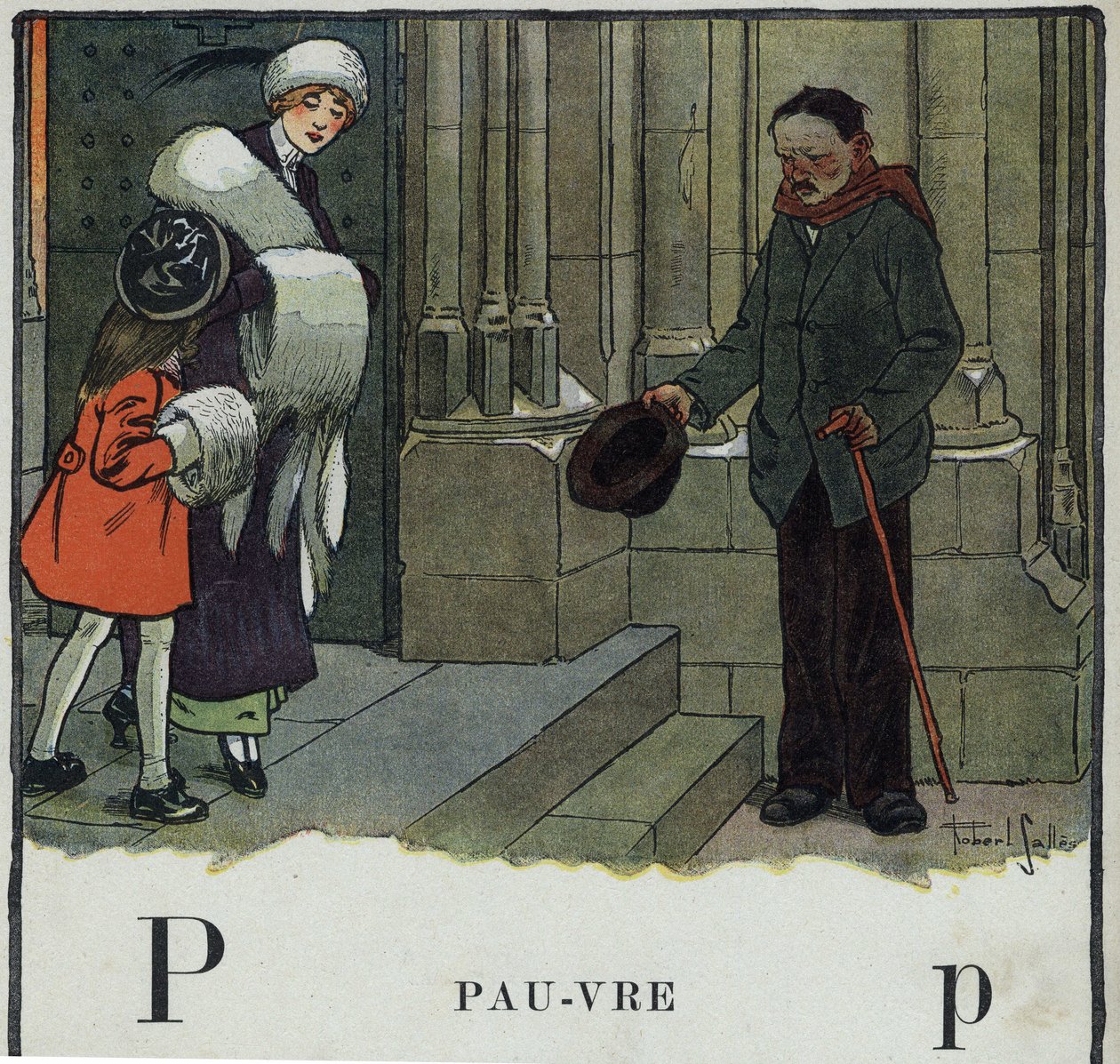 Libro infantil “Yo leeré - Alfabeto metódico y divertido por un papá” 1926. Ilustración de Robert Salles (1871-1929). Abecedario: letra P como Pobre. Un mendigo pide limosna fuera de la iglesia de Robert Salles