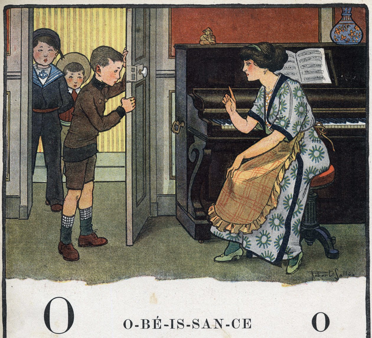 Libro infantil “Yo leeré - Alfabeto metódico y divertido por un papá” 1926. Ilustración de Robert Salles (1871-1929). Abecedario: letra O como Obediencia. Una madre regaña a sus hijos de Robert Salles