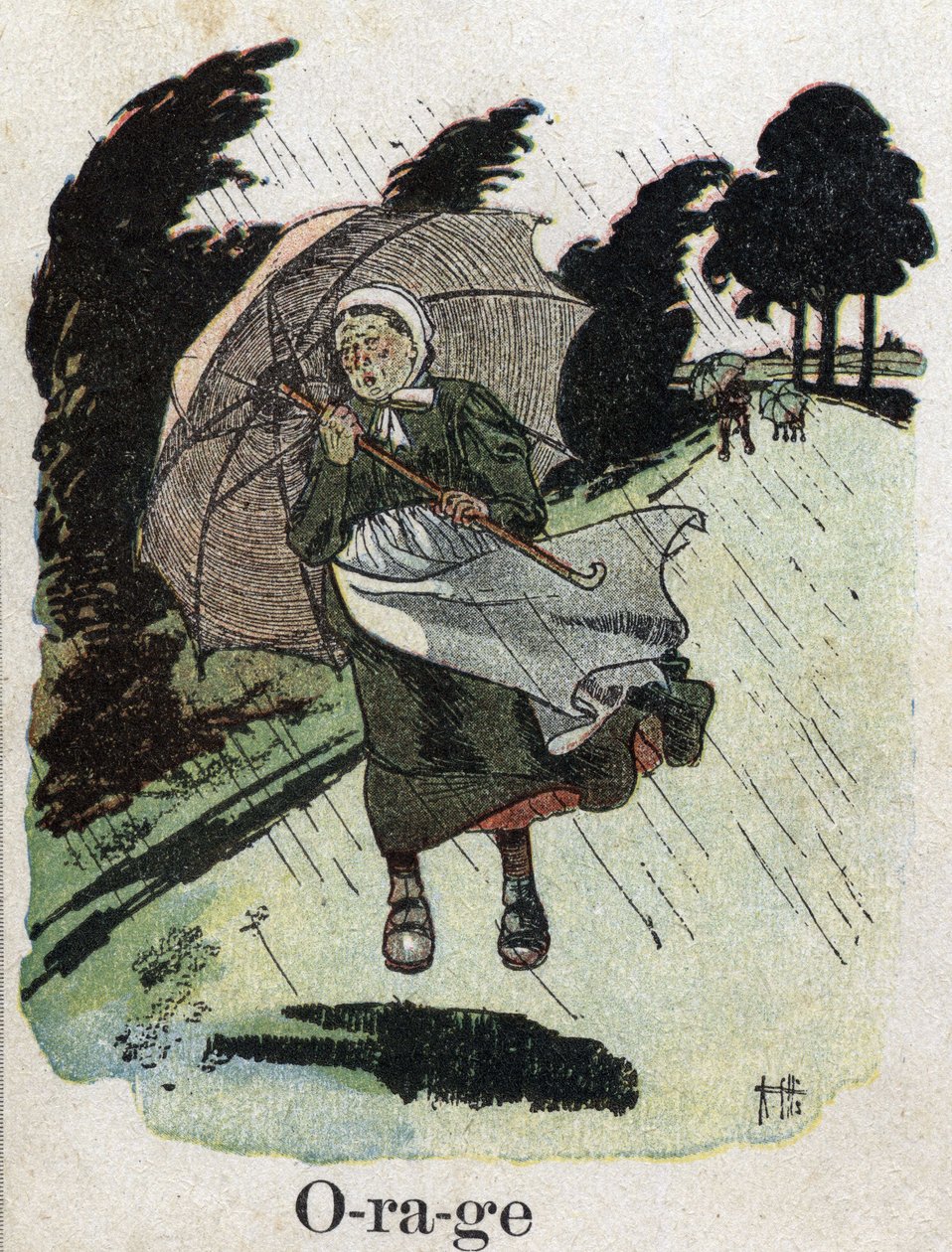 Libro infantil “Yo leeré - Alfabeto metódico y divertido por un papá” 1926. Ilustración de Robert Salles (1871-1929). “Tormenta”: una mujer en la lluvia se refugia con su paraguas. de Robert Salles