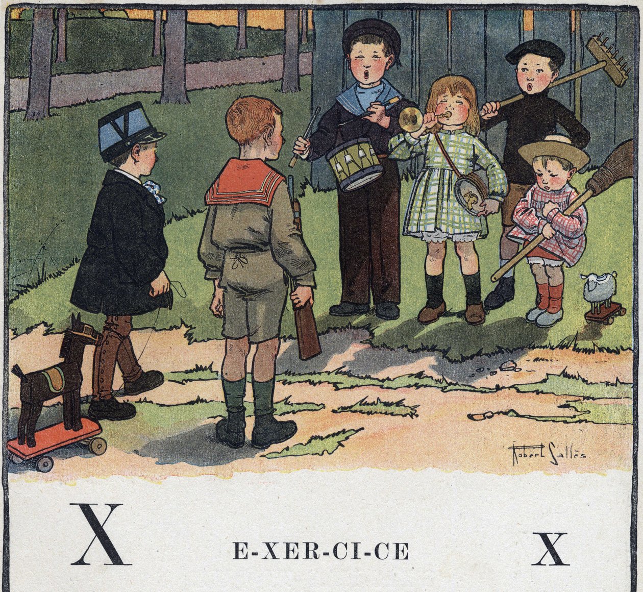 Libro infantil “Yo leeré - Alfabeto metódico y divertido por un papá” 1926. Ilustración de Robert Salles (1871-1929). Abecedario: letra X como Ejercicio. Niños juegan a lo militar. de Robert Salles