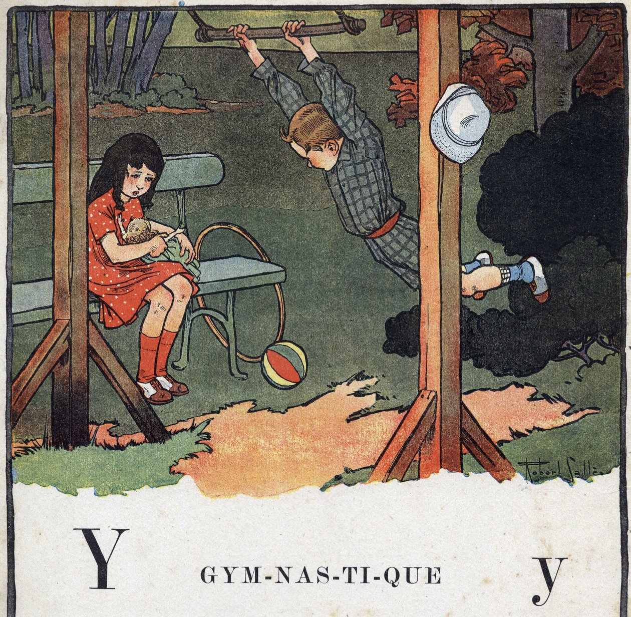 Libro infantil “Yo leeré - Alfabeto metódico y divertido por un papá” 1926. Ilustración de Robert Salles (1871-1929). Abecedario: letra Y como Gimnasia. Un niño en el trapecio mientras una niña juega con una muñeca. de Robert Salles