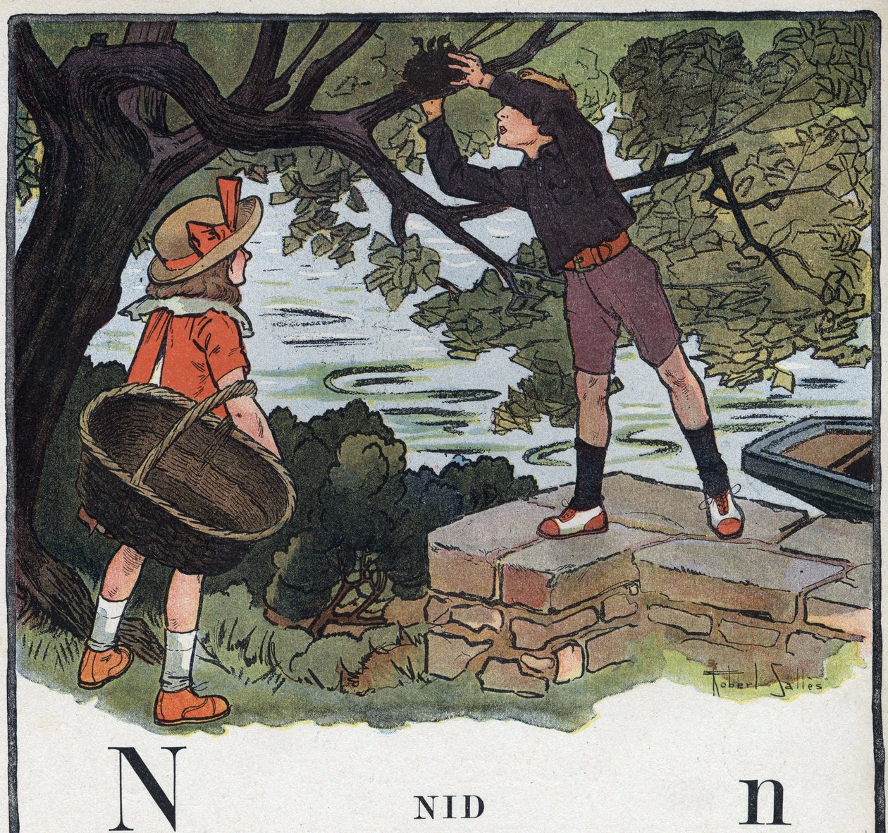 Libro infantil “Yo leeré - Alfabeto metódico y divertido por un papá” 1926. Abecedario: letra N como Nido. Un niño toma un nido construido en un árbol. de Robert Salles
