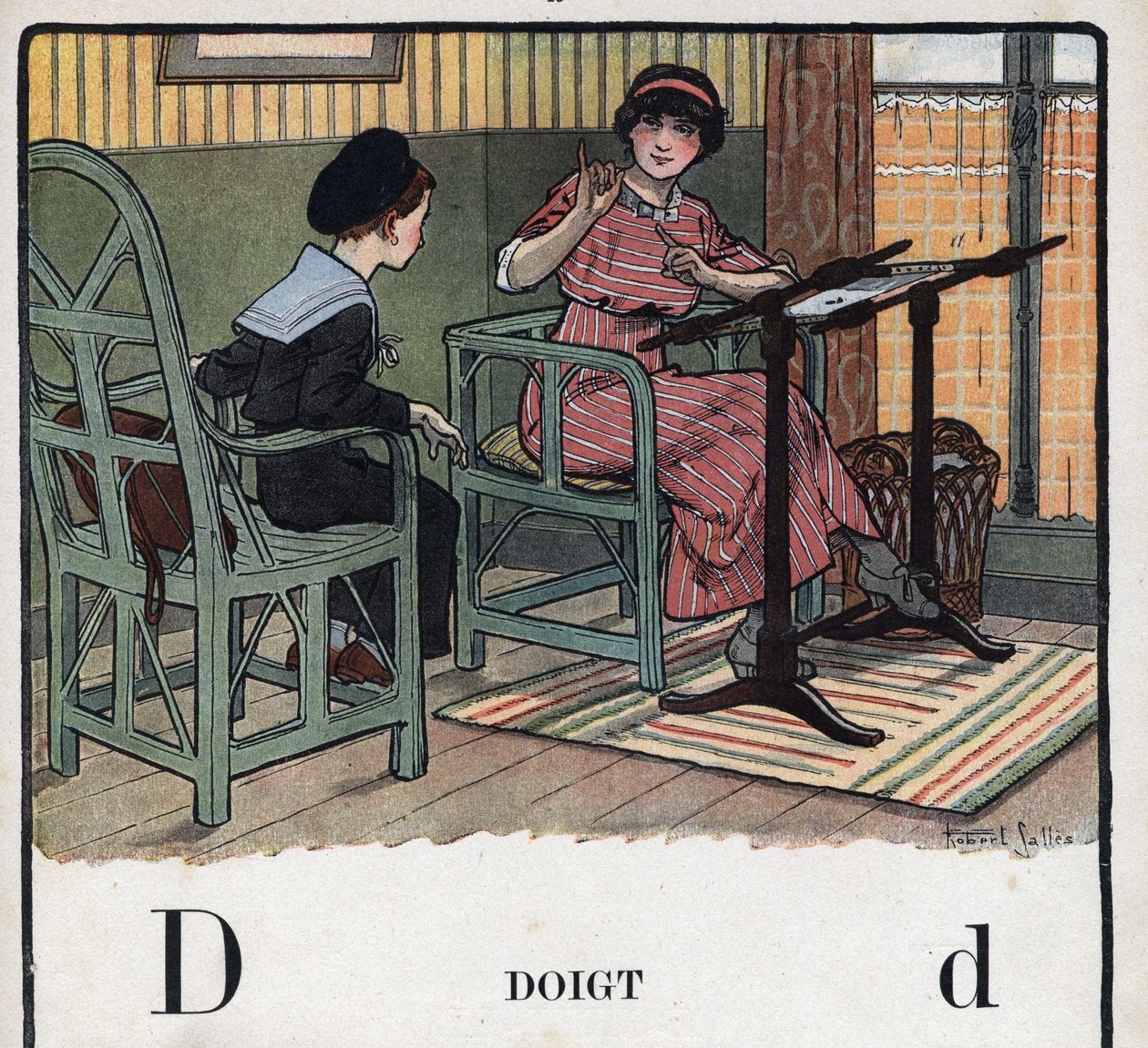 Libro infantil “Yo leeré - Alfabeto metódico y divertido por un papá” 1926. Abecedario: letra D como Dedo. Una madre explica a su hijo el bordado. de Robert Salles