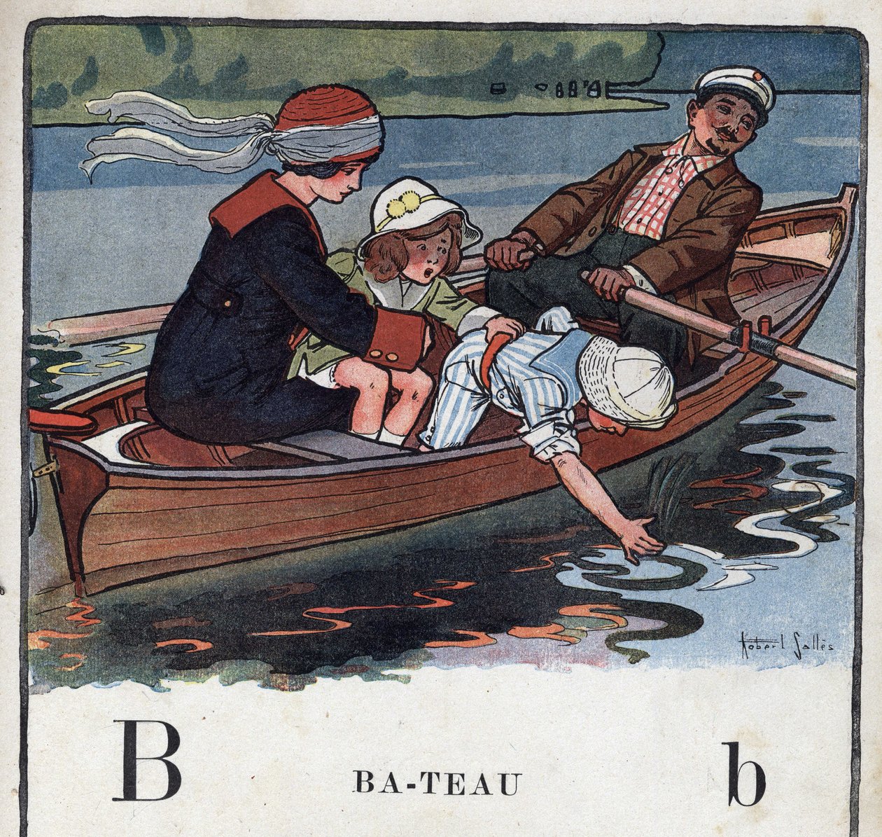 Libro infantil “Yo leeré - Alfabeto metódico y divertido por un papá” 1926. Abecedario: letra B como Barco. Una familia en un barco pasea. de Robert Salles