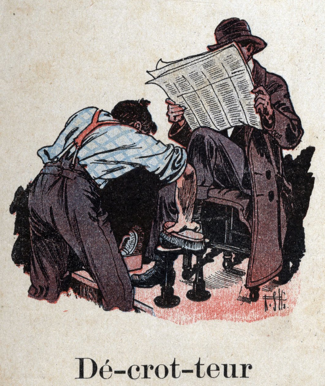 Libro infantil “Je lirai - Alphabet méthodique et amusant par un papa” 1926. Ilustración de Robert Salles (1871-1929). “Decrotteur”: un limpiabotas limpia los zapatos de un cliente que lee el periódico. de Robert Salles
