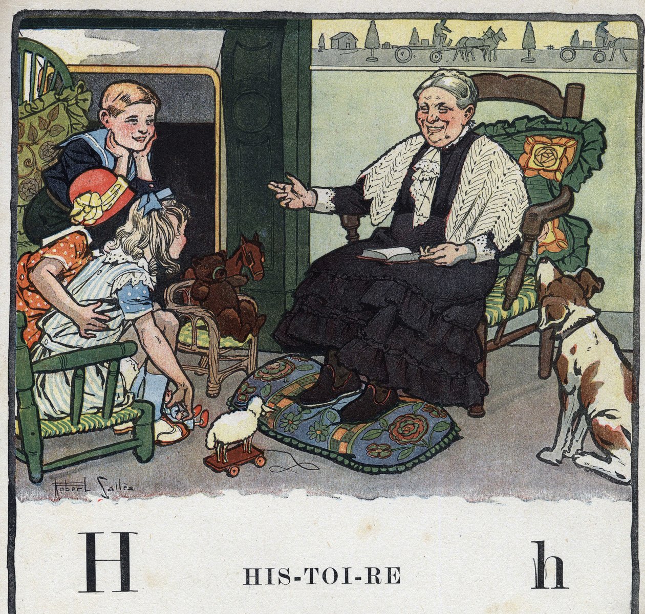 Libro infantil “Je lirai - Alphabet méthodique et amusant par un papa” 1926. Ilustración de Robert Salles (1871-1929). Abecedario: letra H como Historia. Una abuela cuenta historias a sus nietos cerca de la chimenea. de Robert Salles