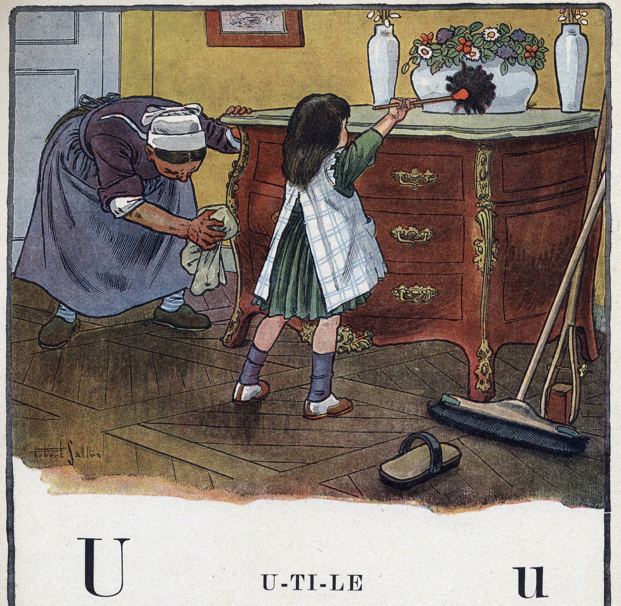 Libro infantil “Yo leeré - Alfabeto metódico y divertido por un papá” 1926. Ilustración de Robert Salles (1871-1929). Abecedario: letra U como Útil. Una niña ayuda con la limpieza y el polvo. de Robert Salles