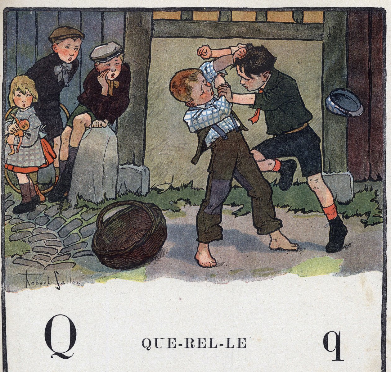 Libro infantil “Yo leeré - Alfabeto metódico y divertido por un papá” 1926. Ilustración de Robert Salles (1871-1929). Abecedario: letra Q como Querella. Dos niños pelean en el patio. de Robert Salles